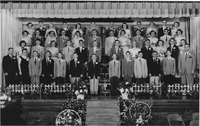 8th Grade Graduation--all dressed up. Submitted by Mary Sue (Childers) Foster.  2nd row 7th from left  George Smith to his left Dale Wiebke and to Georges right Pat Bullock