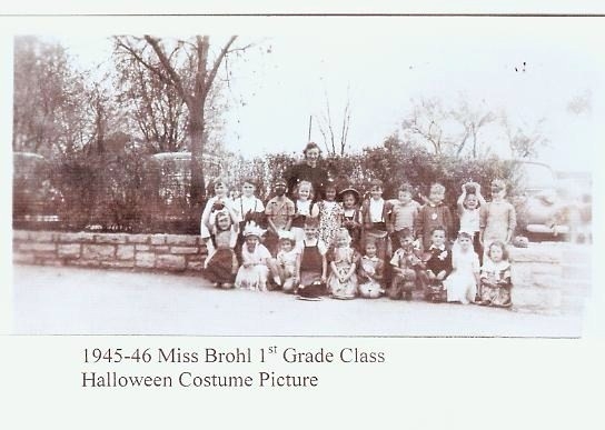 1945/46 Miss Brohl 1st grade class Halloween Costume Picture  submitted by Roger Pulley and Jim Nixon